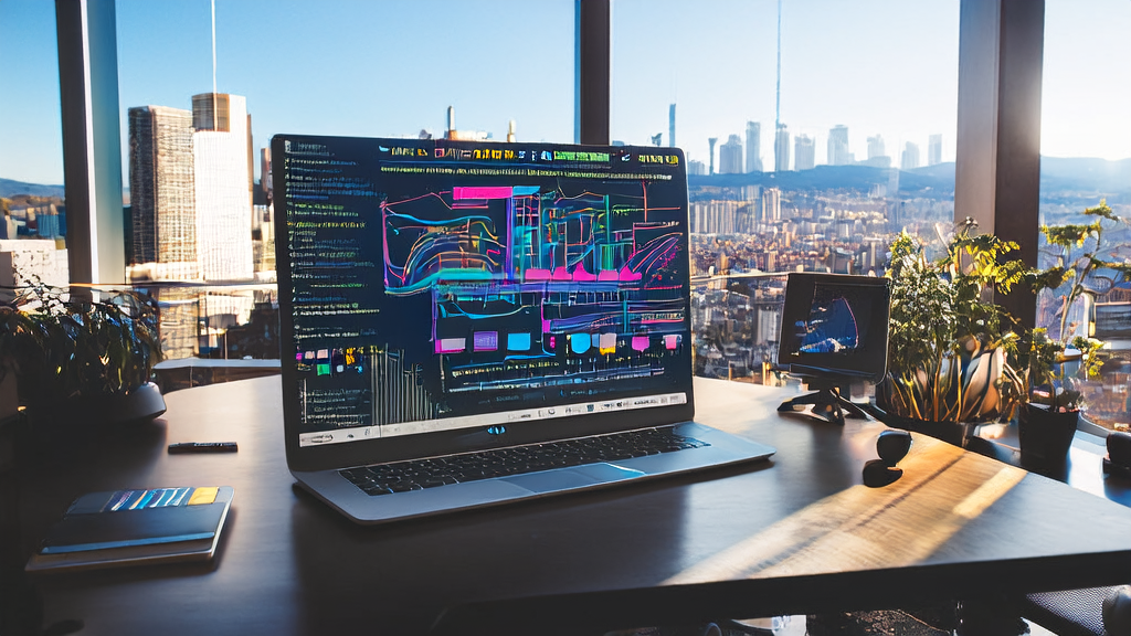 阳光照射下的现代化办公室，屏幕上显示GitHub Copilot CLI，开发人员正在编写代码，旁边是跨境电商市场分析图表。
