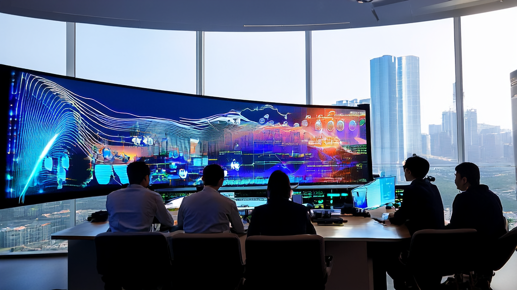 Engineers in a modern office using AI technology to optimize customer data collection and cleaning, with the vibrant cityscape of Shenzhen in the background