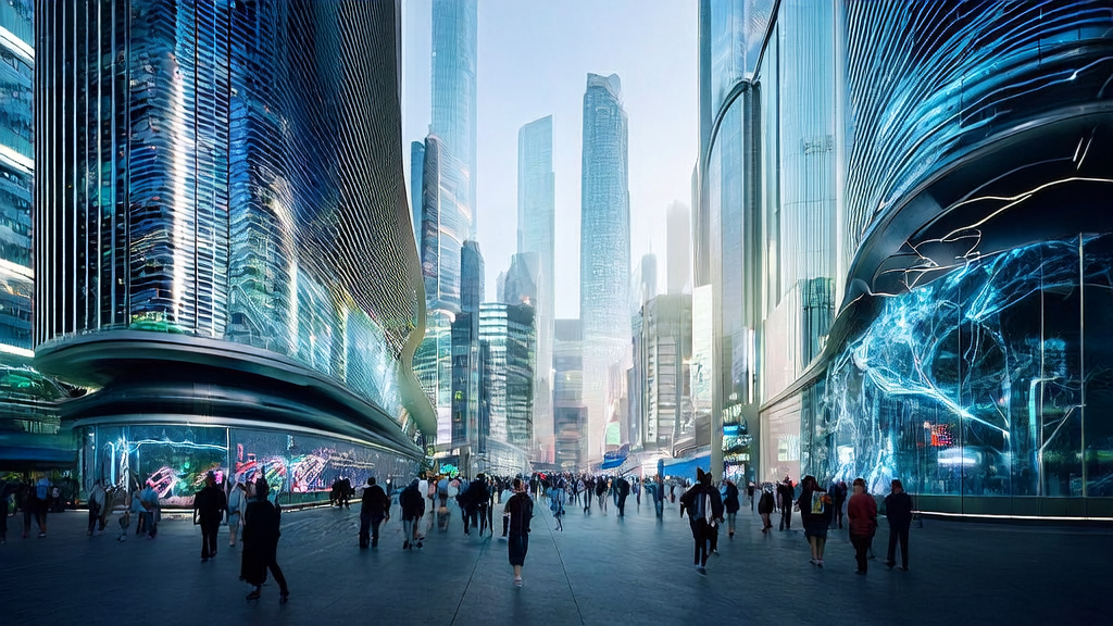 未来城市的街头，展示Databricks新技术的电子屏幕和忙碌的电商平台办公室