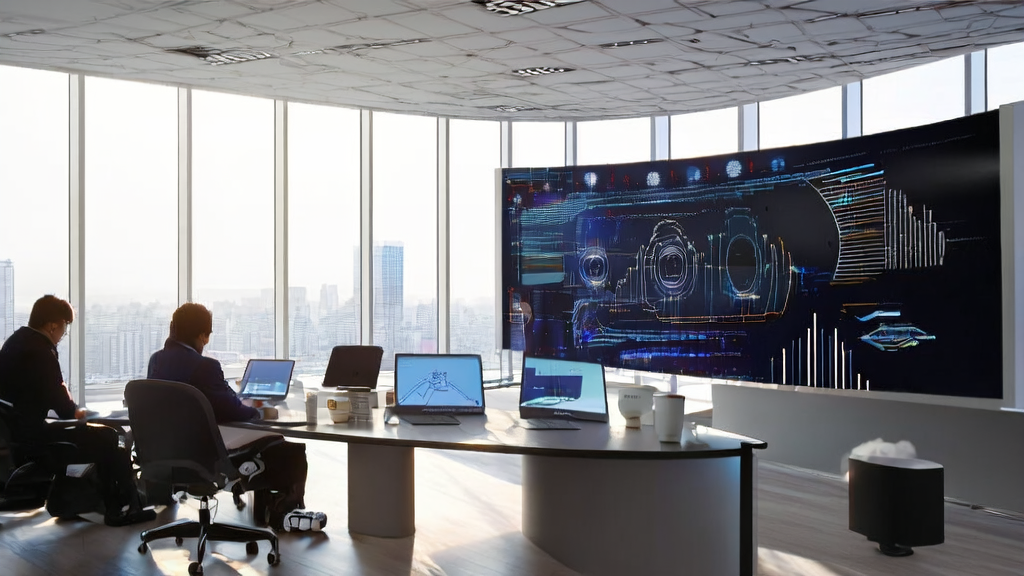 Tech professionals in a modern office using AI technology to optimize email marketing for customer acquisition