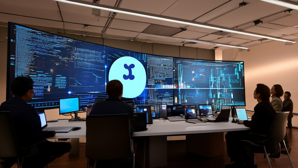 技术人员在现代化办公室中利用AI技术和Twitter数据分析优化外贸获客策略