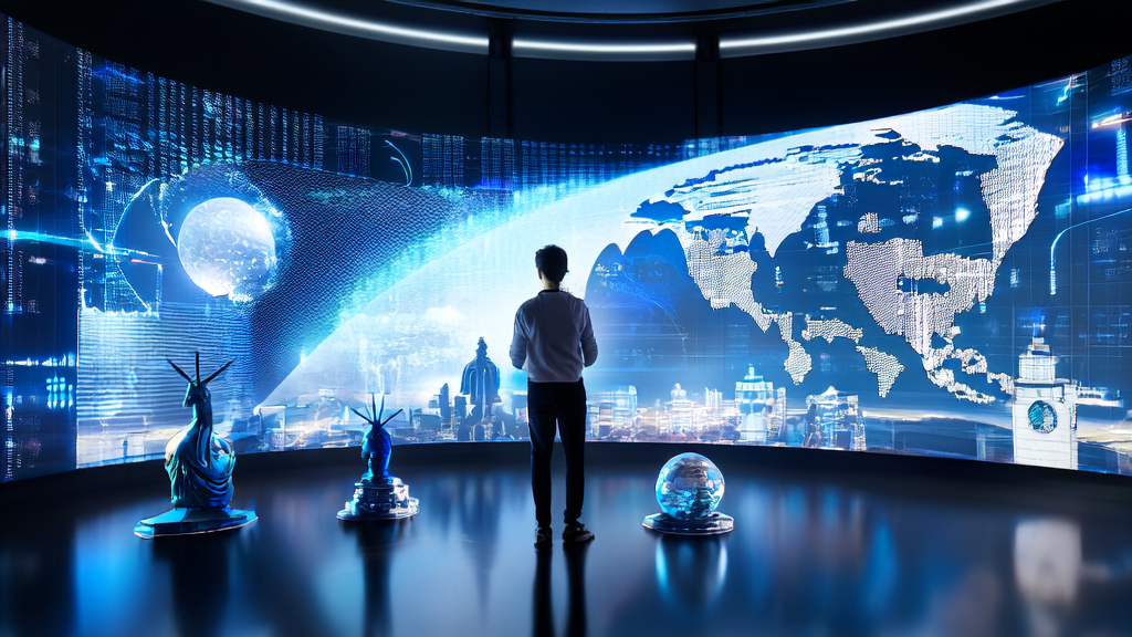 一位创业者在现代化办公室中利用AI技术分析全球市场数据，优化跨境电商营销策略