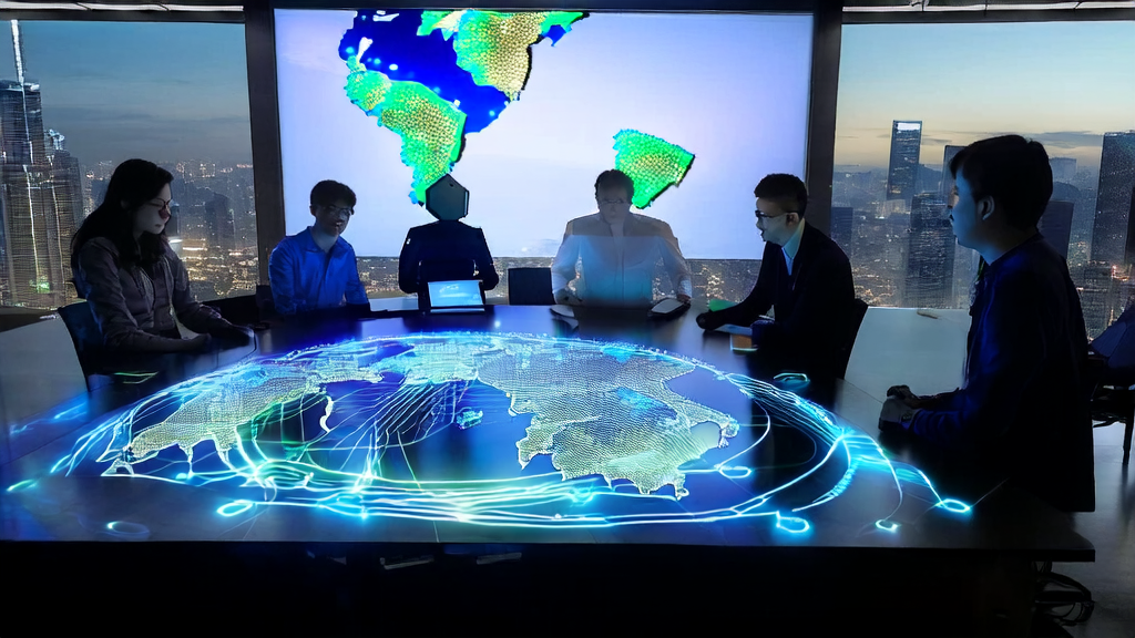 Conceptual image of optimizing overseas market acquisition efficiency using AI technology: Entrepreneurs in a modern office are interacting with the UserLM-8b model for multi-turn dialogues, with a world map and city night view in the background.