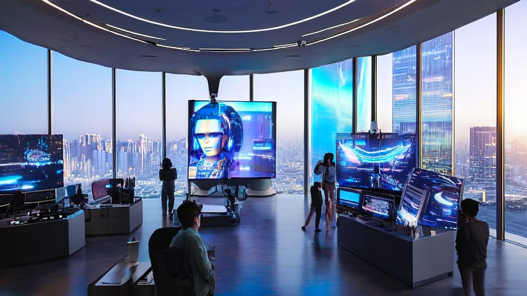 未来城市中的现代化办公大楼展示了Topview Avatar 2和Lovart星流Agent的应用，突显AI技术在精准获客和内容生成领域的创新。