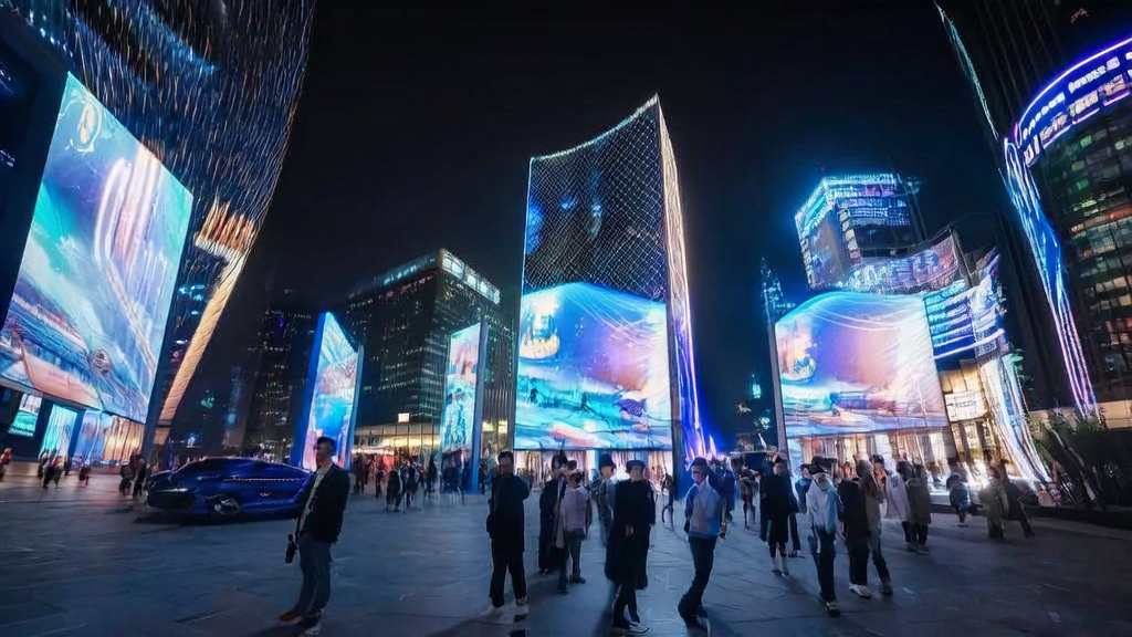未来城市中，AI技术通过智能广告牌和互动屏幕精准触达目标人群，展示个性化广告内容。