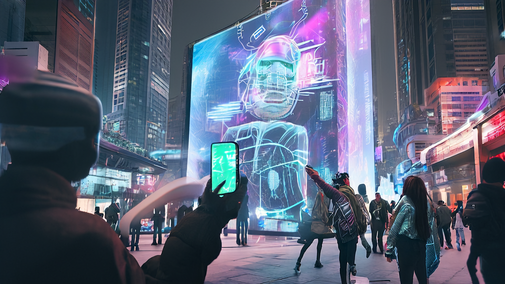 A futuristic city scene showcasing how AI technology is redefining the marketing ecosystem