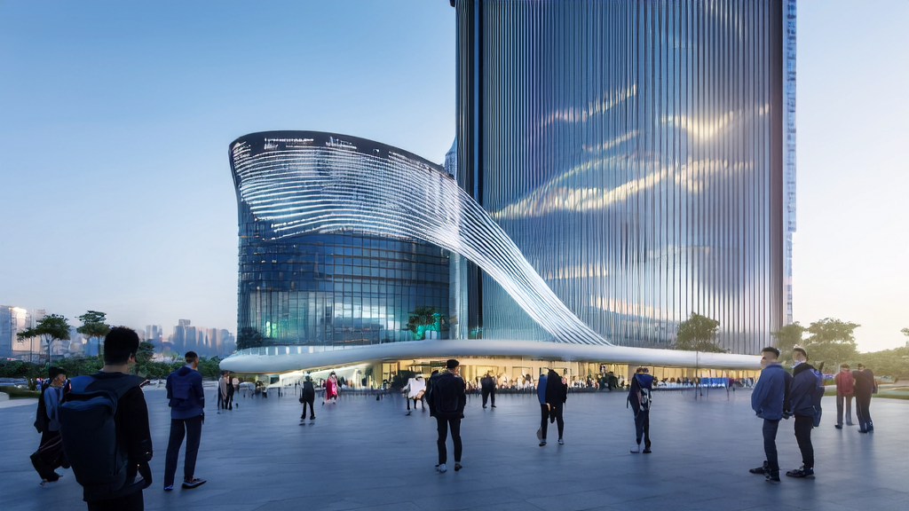In a futuristic city, technicians monitor an AI-driven content marketing system on large screens in an office building, while a talent recruitment center showcases interviews for high-paying AI-related positions.