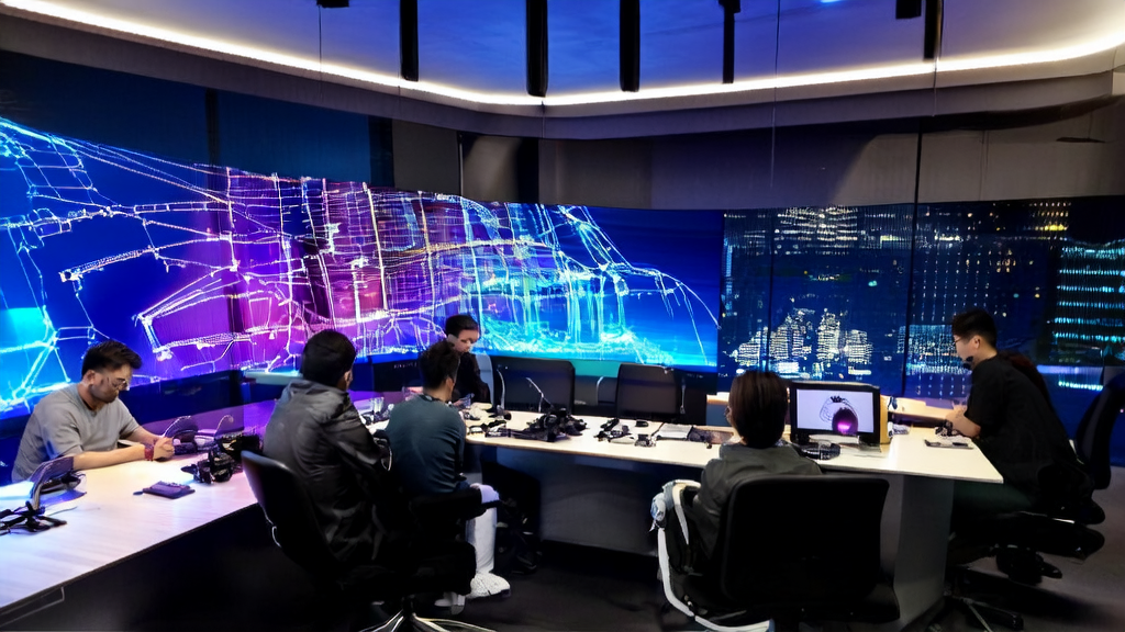 In a tech company's office, programmers are optimizing customer acquisition strategies using AI technology, with a bustling city night view in the background.