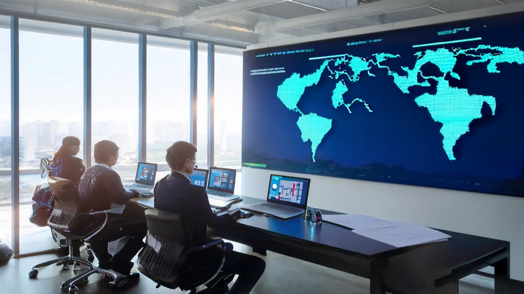 展示现代办公室中工程师们利用AI技术探讨新型获客渠道的场景