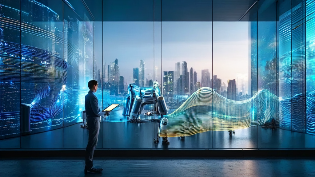 AI technology is reshaping cross-border e-commerce acquisition methods, showcasing a modern office building, an entrepreneur, and intelligent robot assistants in a futuristic city.