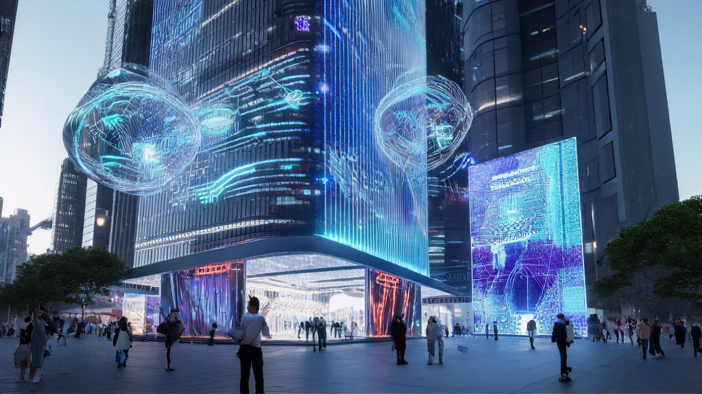 In a futuristic city, customers browse personalized product recommendations generated by the Qwen3-Next model on smart screens in an e-commerce store.