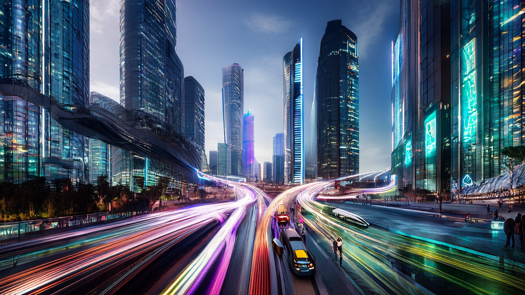 AI技术重塑电商营销：以微软AI战略为例，未来感城市天际线，无人驾驶汽车和智能机器人，展示最新电商广告的电子屏幕
