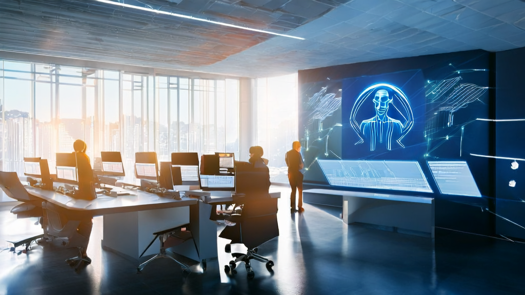 A modern office bathed in sunlight, showcasing AI-optimized emails and digital human lip-sync technology