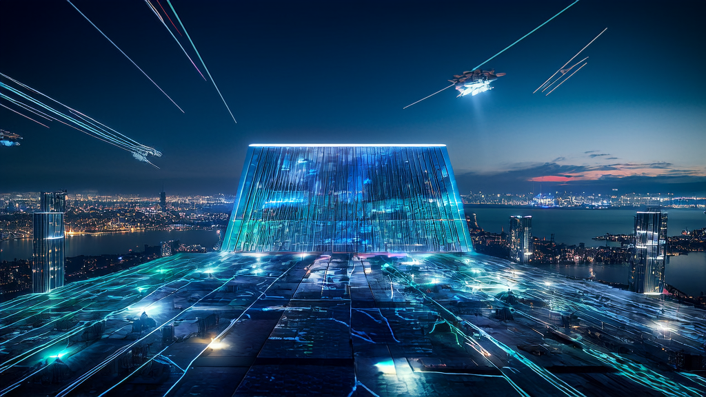 未来城市中的高科技数据中心，展示AI技术在高效客户数据采集和分析中的应用