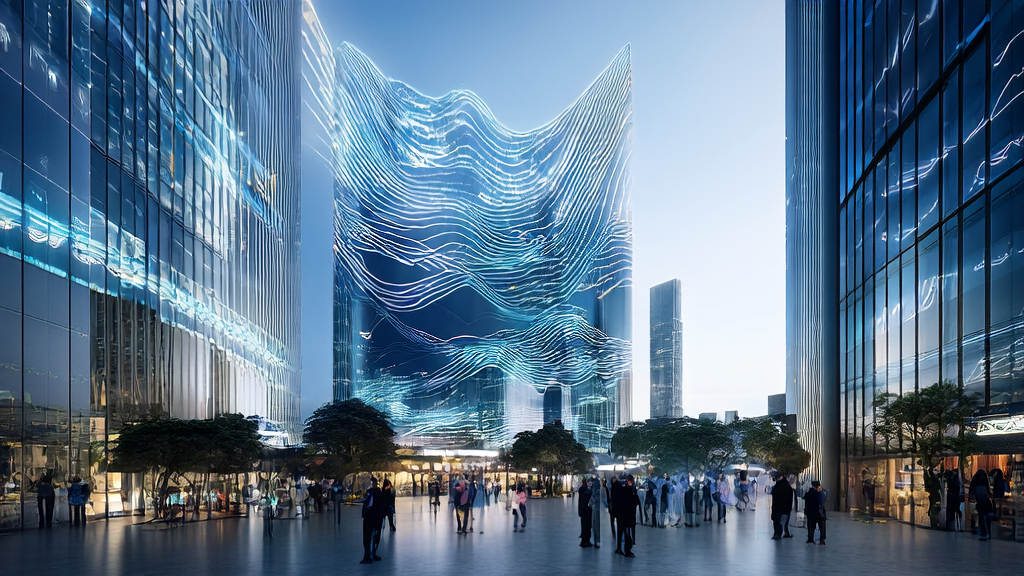 AI-powered customer acquisition system in operation at a futuristic cross-border commerce hub, showcasing data analysis and customer service applications