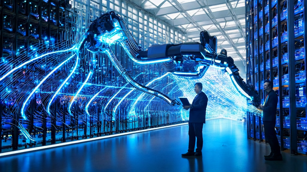 现代化电商仓库中的“超脑大模型 2.0”和“异狼具身智能机械臂系统”展示AI技术如何革新物流和销售流程