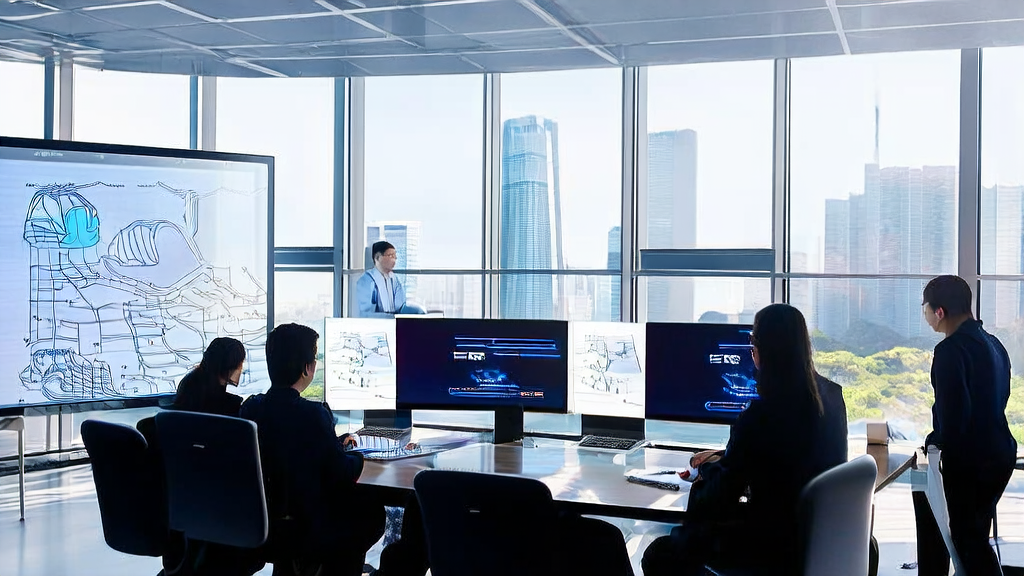 展示了一家现代科技公司内部的工作场景，员工利用最新升级的ChatGPT进行高效获客分析，屏幕和白板上的内容体现了AI技术在企业获客中的应用。