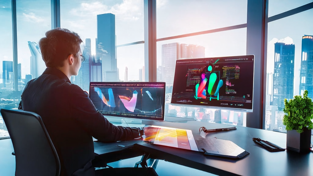 A young marketing manager in a futuristic office using AI email templates and digital human-generated product introduction videos