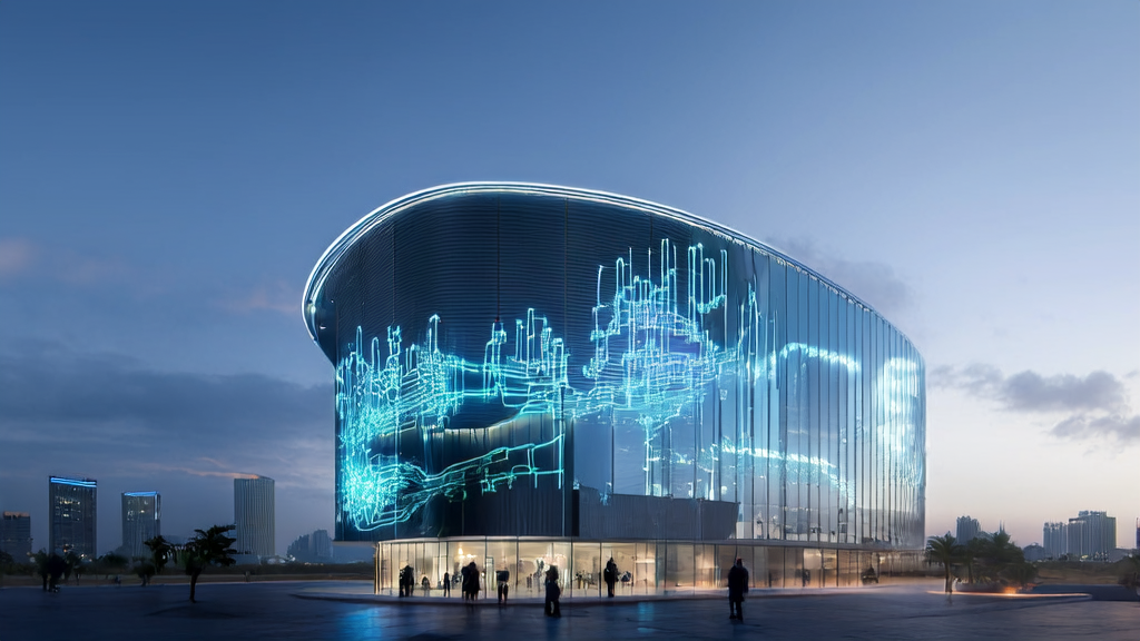 中东城市的现代化办公楼中，企业家通过AI技术进行多语言营销和客户预测