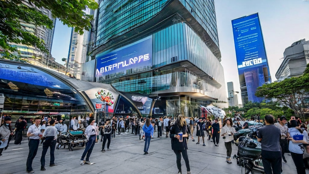 东南亚城市街头的现代化办公楼与AI获客科技大厦，展示AI技术如何革新市场获客与产品设计