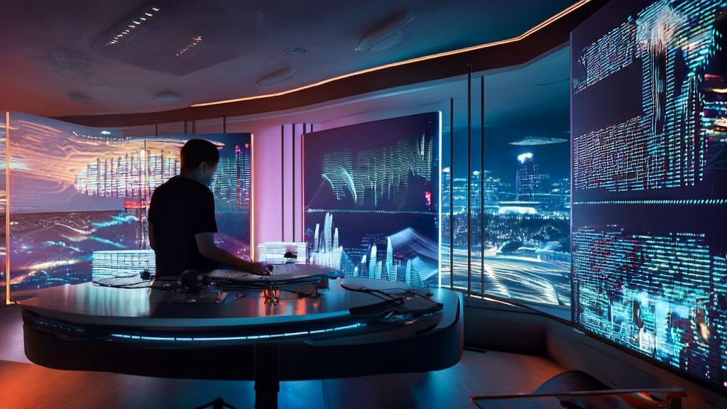 一位失声歌手在现代办公室中通过AI设备恢复嗓音，背景是繁华的城市夜景