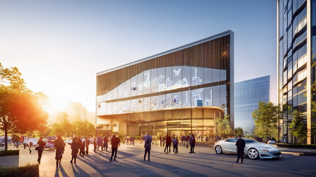 阳光下的现代化办公楼，员工们正在讨论AI获客策略，大屏幕展示Perplexity Labs平台