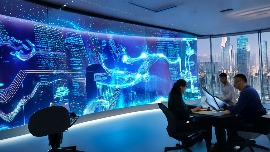 A futuristic office scene illustrating the use of AI technology to revolutionize cross-border e-commerce acquisition strategies