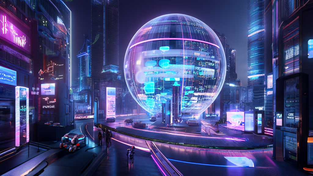 Cyberpunk city center showcasing AI technology for customer data collection and processing