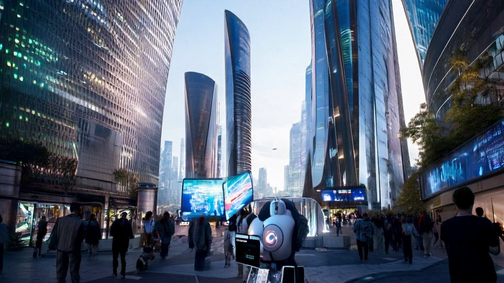 A futuristic city scene showcasing AI-optimized advertising