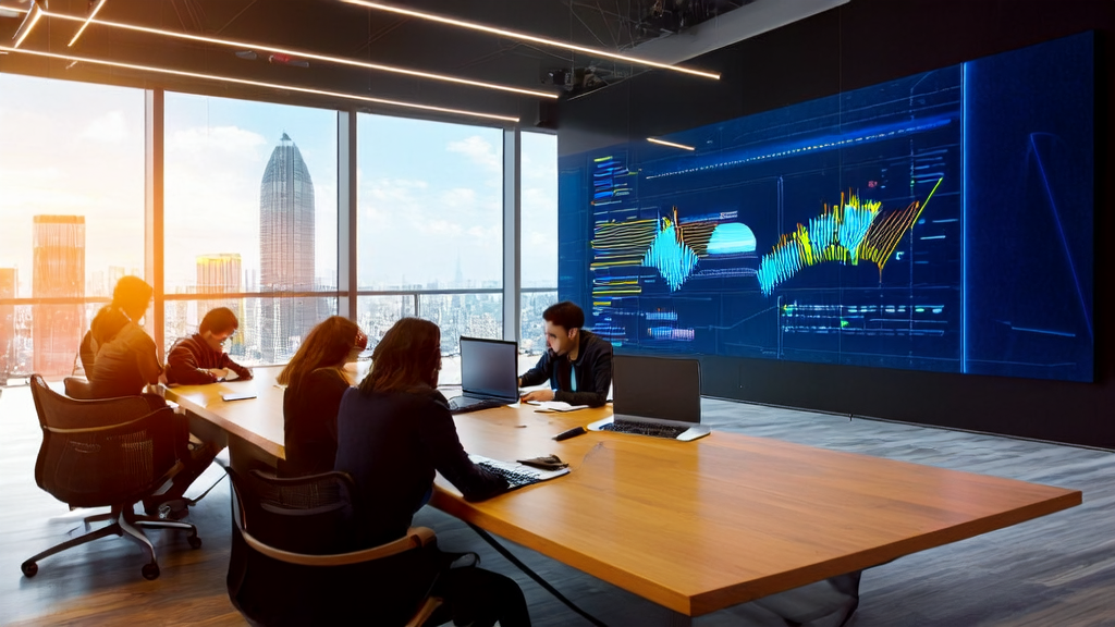 A marketing team in a modern office discussing high-conversion email strategies using AI technology