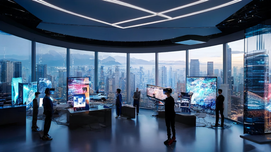 未来城市的办公室内,员工们操作先进AI系统,智元机器人GO-1展示具身智能能力