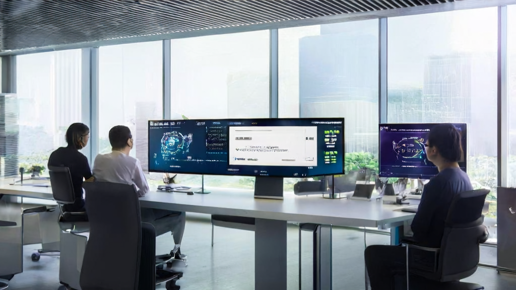 Modern office where employees use AutoGLM 2.0 for automated task processing via voice commands