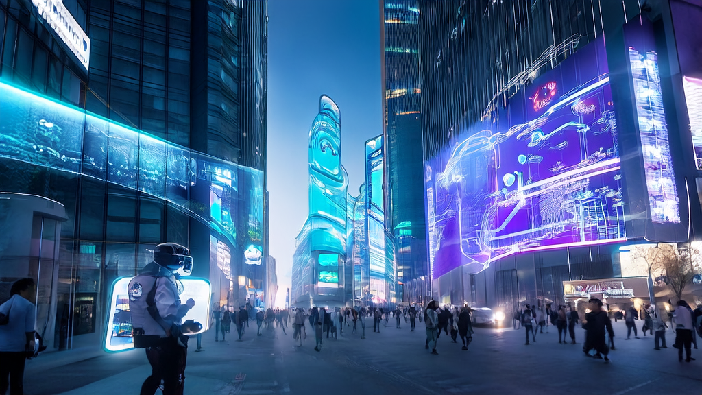 AI assistant "Xiao E" helping a delivery rider efficiently complete tasks, surrounded by large digital billboards showcasing AI-powered products and services