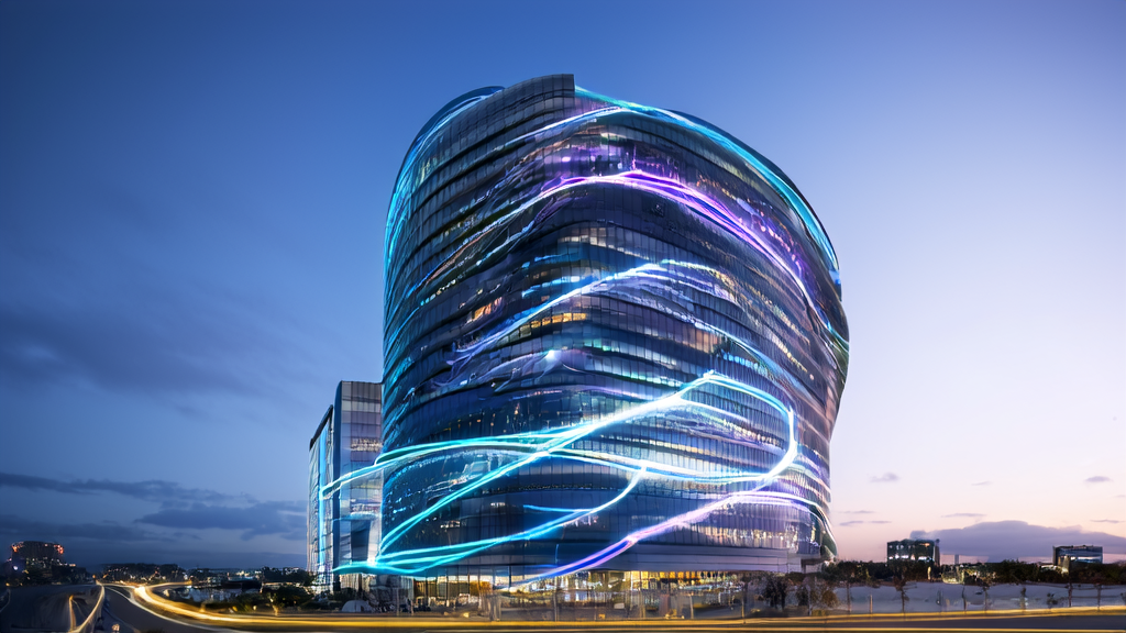 未来城市的高科技大厦内,AI智能获客系统正在高效处理全球客户数据。