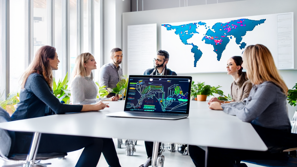 A group of professionals discussing AI-driven acquisition strategies in an office with a world map on the wall