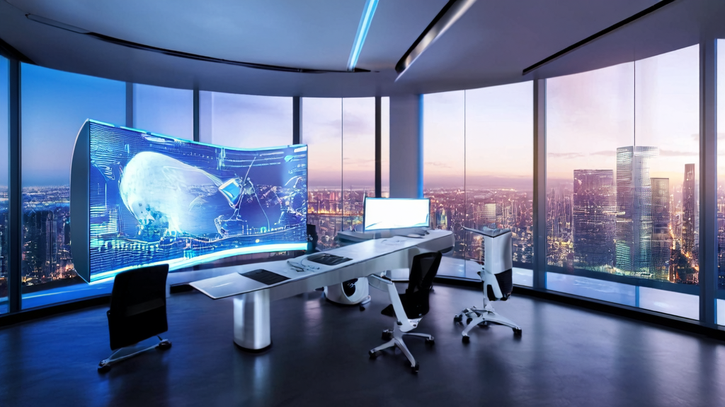 A modern office setting showcasing an AI-powered customer acquisition system, highlighting its role in enhancing B2B market efficiency through automation and data analysis.