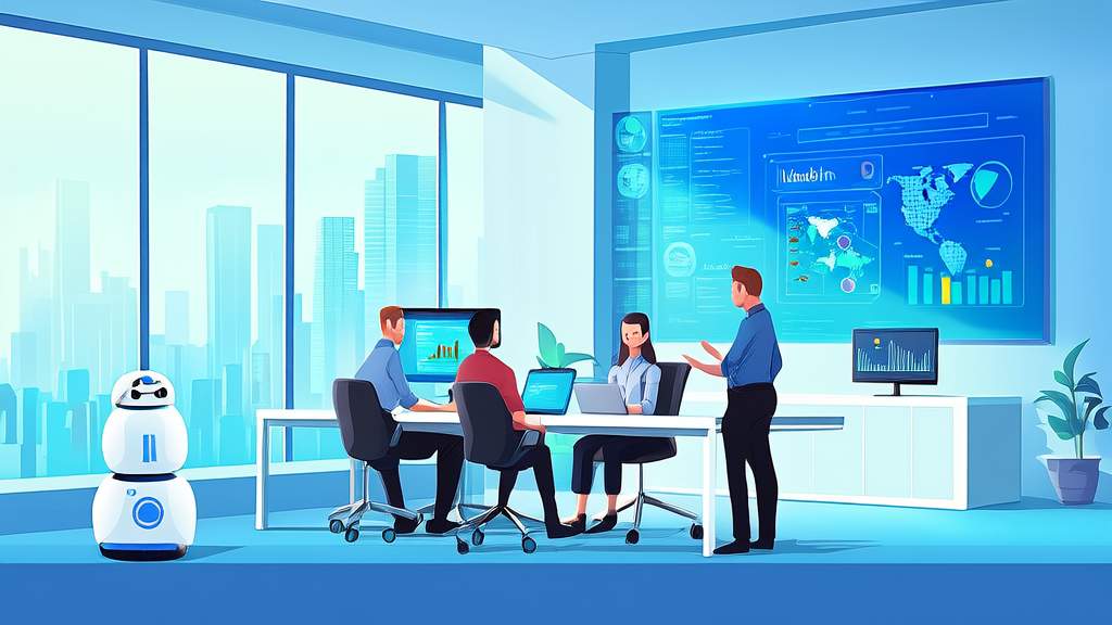 A modern office space bathed in sunlight, where engineers are discussing AI projects. The world map on the wall shows global customer distribution, and a background screen displays LinkedIn customer acquisition data. A robotic customer service model is placed in the corner.