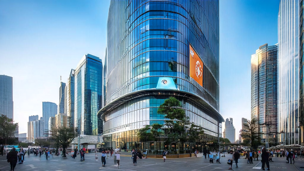 繁华都市中的创新科技公司大楼，展示元宝与腾讯地图合作的精准营销服务