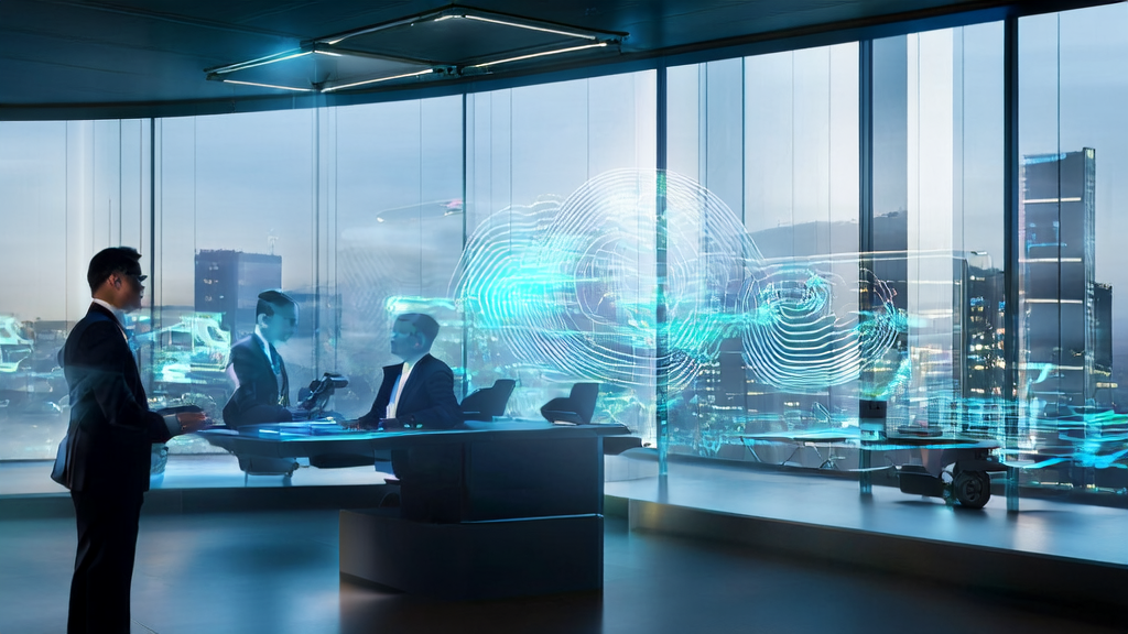 未来办公室中,商务人士利用AI技术分析数据,展示AI在B2B市场的应用