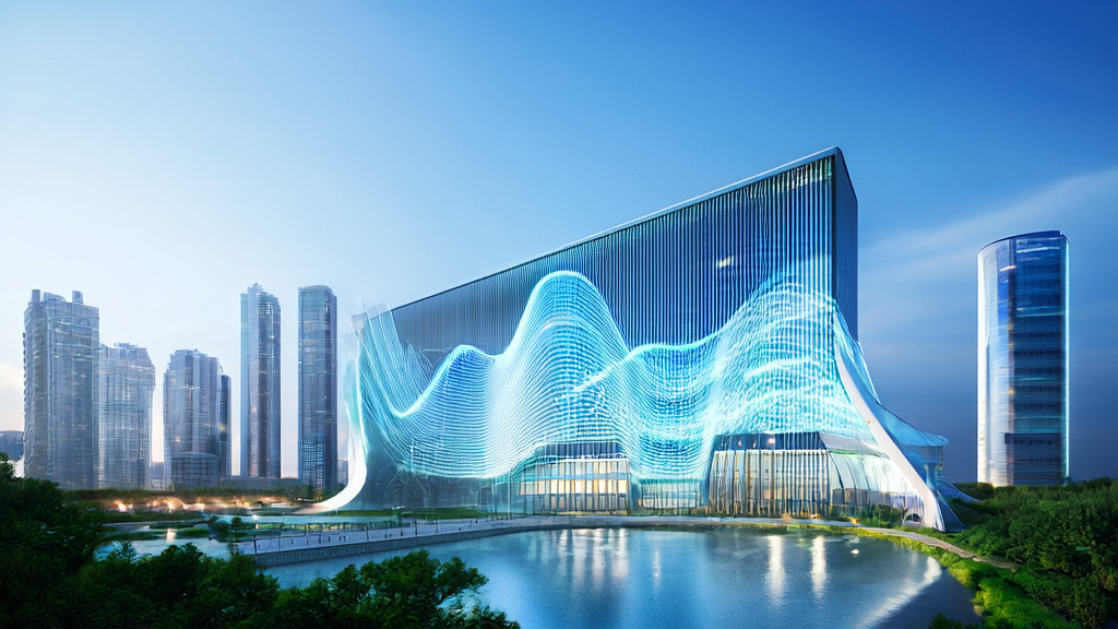 Modern data center in a futuristic city, showcasing AI technology in cross-border e-commerce