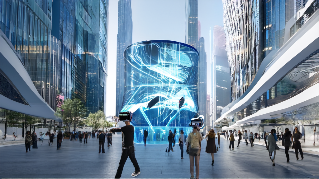 People interacting with smartwatches and AI glasses in a futuristic city, showcasing the application of AI technology in customer acquisition