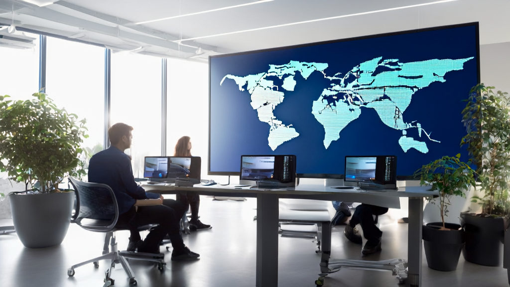 Young entrepreneurs in an e-commerce office use AI technology to analyze data and improve customer acquisition strategies, with a countryside view and world map in the background.