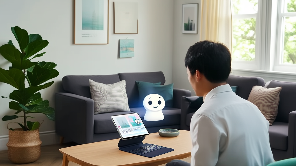 Sunlight illuminates a modern consultation room where a young person interacts with an AI mental health app