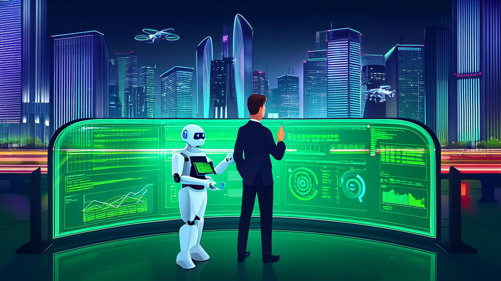 Night in a futuristic city, a programmer and robot assistant working on AI tool development
