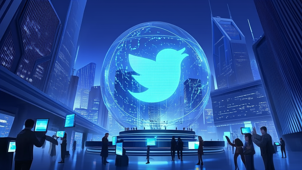 The tech hub of a future city showcasing the flow and interaction of Twitter data, symbolizing the limitless potential of AI tool development