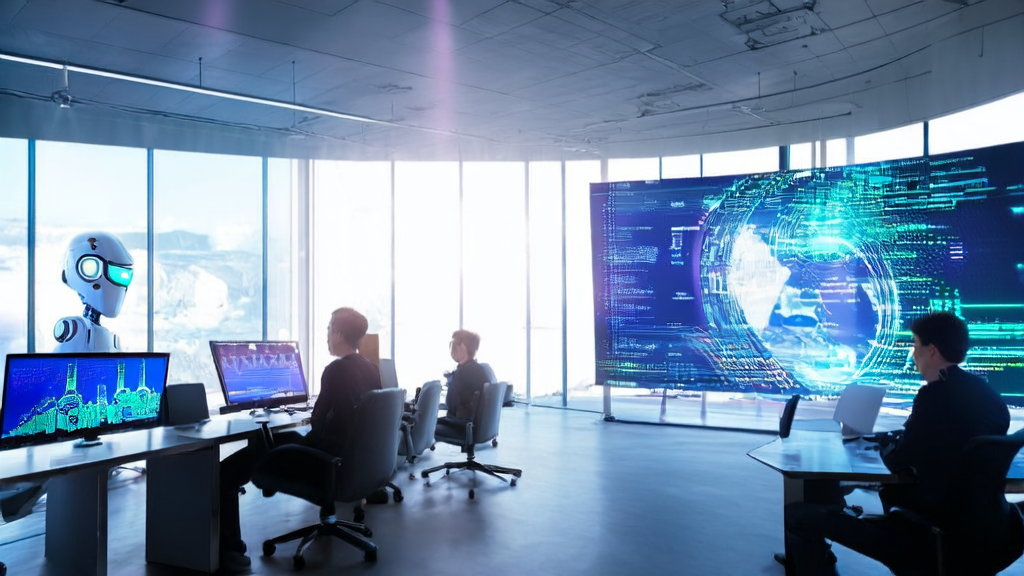 AI技术革新跨境电商业的获客策略：展示现代办公室中的程序员们通过AI优化广告投放，实时监控全球市场动态，并与智能机器人协作提供个性化服务。