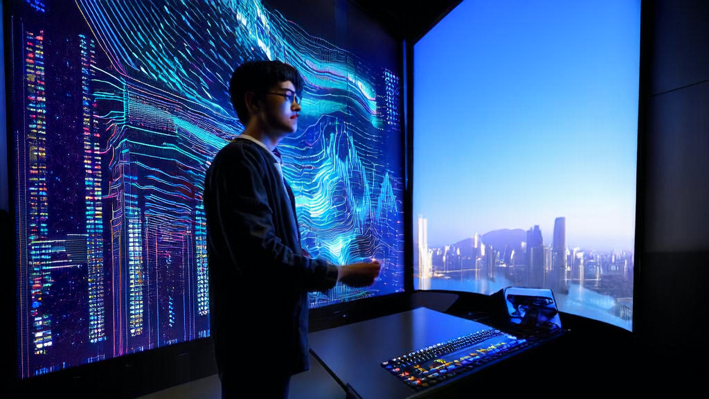 年轻创业者在现代化办公室中利用AI技术优化跨境电商广告投放，背景是繁忙的城市景观。