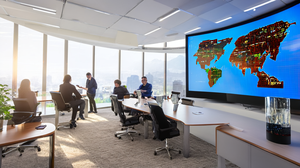 A modern office bathed in sunlight, where employees are discussing AI-generated marketing images for cross-border e-commerce, with an award symbolizing Tencent's Hunyuan Image 3.0 victory.