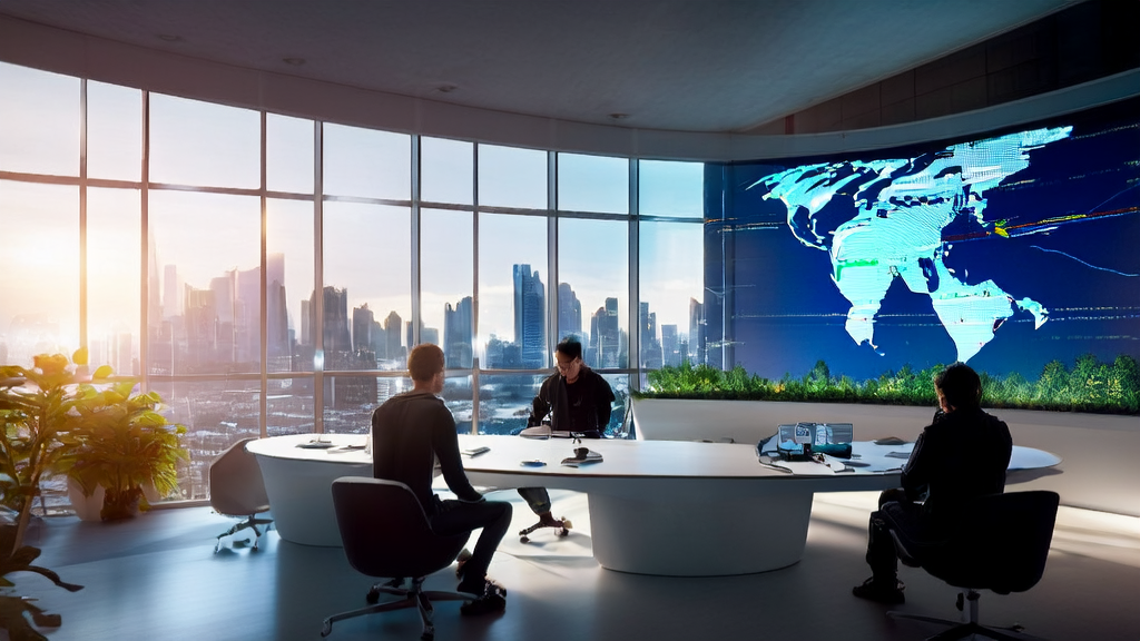 创业者们在充满阳光的现代化办公室里使用AI视频App Sora生成高质量视频，优化跨境电商营销策略。