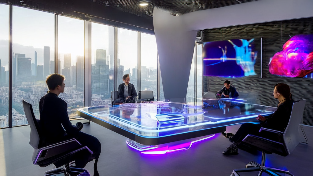 充满未来感的办公室内，创业者们正在使用AI视频创作工具进行讨论和创作